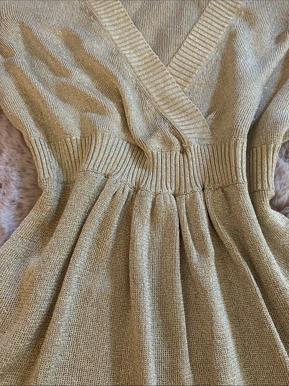 Y2k LOFT Metallic Glittery Gold V-Neck Long Sleeve Babydoll Top Blouse - Picture 2 of 7